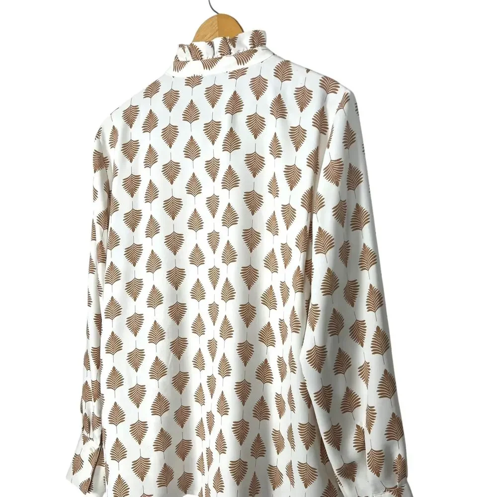 Ann Taylor Women's Size L Ruffle Neck Button-Up Top Blousy Relaxed Fit Career